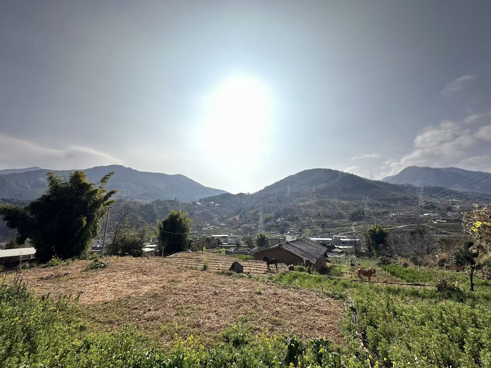 Village landscape and mountains